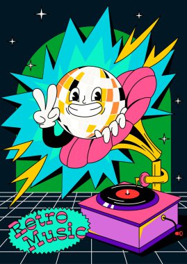 Retro parti posteri. Eski gramofondan gözetleyen disko topu ve nostaljik müzik çalan soyut bir broşür. Etkinlik daveti için 90 'ların tarzında klasik tasarım. Çizgi film düz vektör çizimi