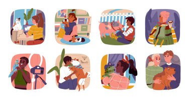 Evcil hayvanlı bir grup insan. Kedilerine, köpeklerine, papağanlarına, kobaylarına ve kapibaralarına bakan mutlu erkekler, kadınlar ve çocuklar. Hayvan Sahipleri. Çizgi film düz vektör koleksiyonu beyaz arkaplanda izole edildi