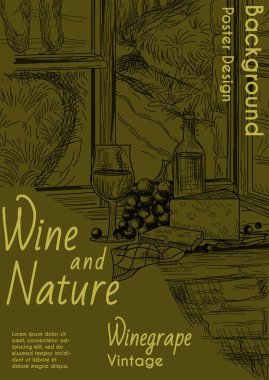 Üzüm bağı manzara posteri. Penceresinden, şişesinden ve bir bardak lezzetli şaraptan görülebilen Avrupa üzüm tarlaları olan antika bir pankart. Kapak ya da el ilanı için tasarım. El çizimi düz vektör çizimi