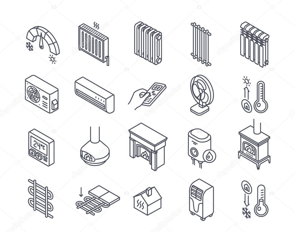 Home heating linear icons set. Radiator, fireplace, wood burning stove, fan and air conditioner. Design elements for application. Outline simple vector collection isolated on white background