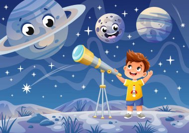 Çocuk teleskopla bak. Meraklı küçük çocuk yıldızlı gökyüzünü ya da galaksiyi keşfediyor ve dost gezegene el sallıyor. Astronomi okuyorum. Çocuk uzayı ve evreni gözlemliyor. Çizgi film düz vektör çizimi