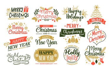 Mutlu Noel mektupları seti. Kar taneleri, havai fişekler ve yeni yıl hediyeleriyle süslü tipografi. Tebrik kartı ya da kış partisi davetiyesi. Beyaz arkaplanda izole edilmiş çizgi film düz vektör çizimleri