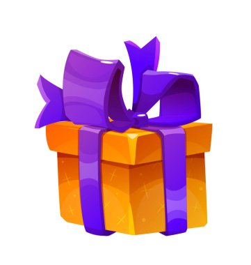 Colorful gift box. Icon with present in yellow wrapping paper with a ribbon and bow. Bonus or reward for lottery winner. Game GUI design. Cartoon 3D vector illustration isolated on white background clipart