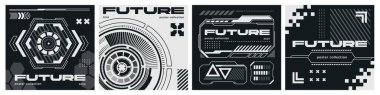 Modern fütürist posterler. Hi tech siber punk tarzında soyut bilim kurgu afişleri. Siyah beyaz teknoloji el ilanları ve kapakları. Çizgi film düz vektör koleksiyonu beyaz arkaplanda izole edildi