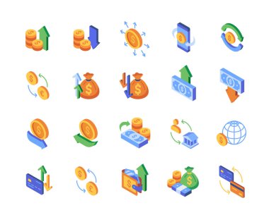 Para akışı ilgili Renk Simgeleri kümesi. Para, döviz, kar büyümesi, banka, nakit, ödeme ve çevrimiçi işlem ile parlak tabelalar. Çizgi film düz vektör koleksiyonu beyaz arkaplanda izole edildi