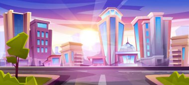 Sabah şehir silueti. Şehir mimarisi, binalar ve gökdelenlerle gün doğumunda ya da günbatımında manzara. Evleri ve gayrimenkulleri olan Metropolis. Arkaplan tasarımı. Çizgi film düz vektör çizimi