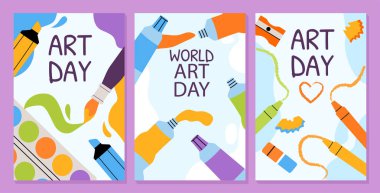 Sanat günü posterleri. Sanat ve yaratıcılık. Boya ve palet. Renkli kalemler. Atölye ve stüdyo ekipmanları. Uluslararası tatil. Mor arkaplanda izole edilmiş çizgi film düz vektör koleksiyonu