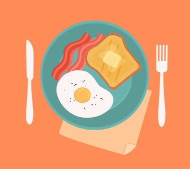 Kahvaltı konseptinin en üst görüntüsü. Fırında yumurta ve pastırmalı mavi tabak, tost. Sabah için sağlıklı beslenme. Bıçak ve çatal, kasenin yanında yemek ile. Düzgün beslenme. Çizgi film düz vektör çizimi