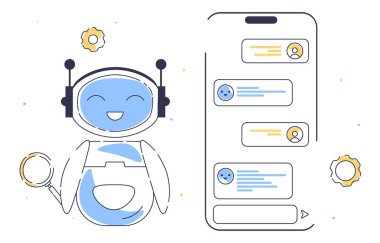 Sohbet robotu karalama konsepti. Sanal yardımcı ve asistan. Yapay zeka ve makine öğrenimi. Modern teknolojiler ve yenilikler. Beyaz arkaplanda izole edilmiş doğrusal düz vektör çizimi