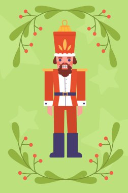 Noel posteri konsepti. Yılbaşı ve Noel arifesi, kış bayramı sembolü. Böğürtlenlerin yanındaki kırmızı elbiseli adam. Kartpostal şablonu. Sosyal medya kapağı. Çizgi film düz vektör çizimi