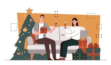 Xmas zamanına göre bir çift. Şarap bardaklı kadın ve erkek, alkollü içkiler. Noel ve Noel arifesinde evde oturan çiftler. Hediye kutuları olan bir adam ve kız, hediyeler. Çizgi film düz vektör çizimi