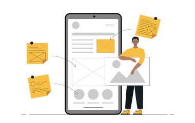 Tasarım ve programlama konsepti. Akıllı telefon ekranının yanında resmi olan adam. Yazılım ve mobil uygulama için UI ve UX tasarımı, program. Çizgi film düz vektör çizimi beyaz arkaplanda izole edildi