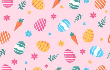 Paskalya deseni kusursuz. Kumaş üzerine baskı yapmak için tasarım ögesi tekrarlanıyor. Renkli yumurta ve havuç. Bahar dini bayramının ve festivalin sembolleri. Çizgi film düz vektör çizimi