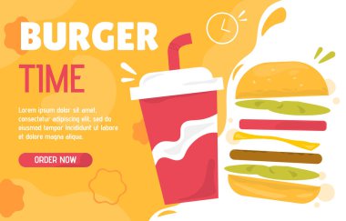 Fast food posteri. Hamburgerin yanındaki plastik bardakta soda. Paket yemek. Kafe ya da yemek servisi için menü. Reklam ve pazarlama. Web sitesi için grafik ögesi. Çizgi film düz vektör çizimi