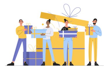 Yetenek konsepti olan insanlar. Erkek ve kadın mevcut kutunun yanında. Tatil ve festivallerde sürprizler. İndirim ve satışlar, promosyonlar. Çizgi film düz vektör çizimi beyaz arkaplanda izole edildi