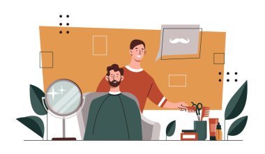 Müşteri konsepti olan bir kuaför. Erkek stilisti ve müşterisi aynanın yanında. Güzellik, zarafet ve estetik. Berber dükkanındaki genç adam. Çizgi film düz vektör çizimi beyaz arkaplanda izole edildi