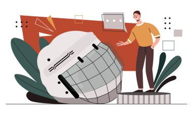 Hokey ekipmanlı bir adam. Koruyucu miğferi ve hokey diski olan genç adam. Aktif yaşam tarzı ve takım sporları. Poster ya da afiş. Çizgi film düz vektör çizimi beyaz arkaplanda izole edildi