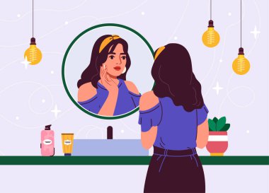 Yüz temizliği konsepti olan bir kadın. Genç kız yüzünü yıkar ve aynaya bakar. Güzellik prosedürleri ve spa tedavileri. Kozmetik ürünleri olan biri. Çizgi film düz vektör çizimi mavi arkaplanda izole edildi