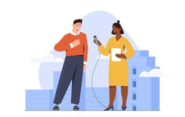 Gazeteci röportajı konsepti. Popüler kişiliği olan bir medya çalışanı. Adam mikrofonlu bir kadının sorularına cevap veriyor. Çizgi film düz vektör çizimi beyaz arkaplanda izole edildi