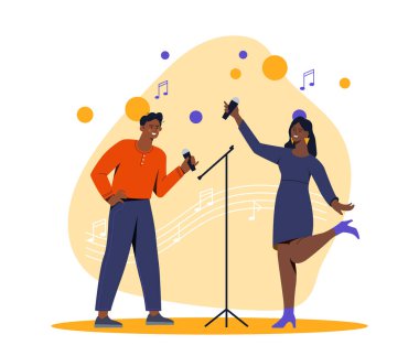 Karaoke konseptindeki insanlar. Diskoda ya da partide mikrofonlu bir kadın ve erkek. Genç adam ve kız birlikte şarkı söylüyorlar. Eğlence, eğlence ve eğlence. Çizgi film düz vektör çizimi
