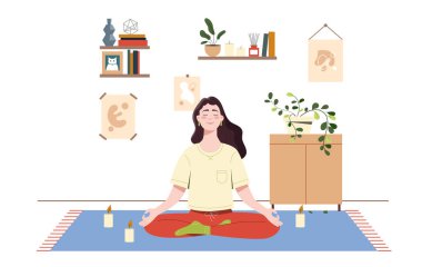 Evdeki meditasyon yapan kadın. Lotus pozisyonunda oturan genç bir kız. Yoga, meditasyon ve esneme. Farkındalık ve akıl sağlığı, sakinlik. Çizgi film düz vektör çizimi beyaz arkaplanda izole edildi