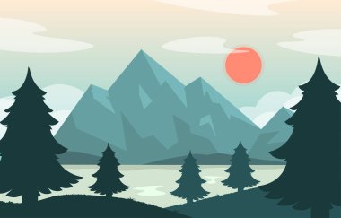 Dağlarla çevrili bir manzara. Göl ve nehri olan kayalar ve uçurumlar, Noel ağaçları ve çam ağaçları. Güzel bir manzarada gün batımı. Web sitesi için grafik ögesi. Çizgi film düz vektör çizimi