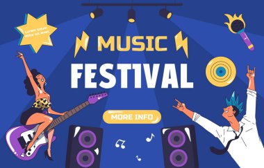 Müzik festivali posteri. Elektro gitarlı bir adam ve kadın olay yerine yakın. Enerjik ses ve dalgalar. Geleneksel bayram ve festival. Davetiye kartpostal tasarımı. Çizgi film düz vektör çizimi