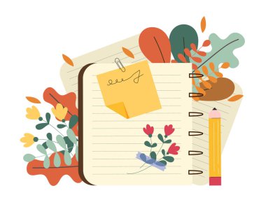 Çiçekli ve kalemli defter. Yapılacaklar listesi ve yapışkan notları olan bir not. Planlama ve programlama, zaman yönetimi. Okul ve üniversite öğrencileri için günlük. Çizgi film düz vektör çizimi