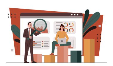 İnsanlar grafikleri inceliyor. Haritaları ve diyagramları olan kadın ve erkek. Analistlerden oluşan bir ekip bilgi ve istatistikleri analiz ediyor. Yatırımcılar, tüccarlar, iş ortakları. Çizgi film düz vektör çizimi