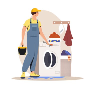 Tuvalet konseptinde tesisatçı. Çamaşır makinesinin yanında alet çantası olan üniformalı bir adam. Borular ve suyla İngiliz anahtarı tamir sorunu olan bir tamirci. Çizgi film düz vektör çizimi beyaz arkaplanda izole edildi