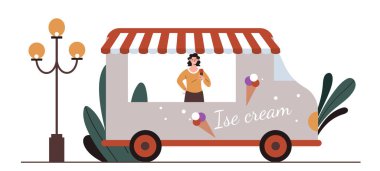 Yaz festivali sokak yemekleri. Paket servis ve fast food. Satıcı ve mağazada satıcı. Dondurma külahında dondurmalı kadın, dondurulmuş tatlı. Çizgi film düz vektör çizimi beyaz arkaplanda izole edildi