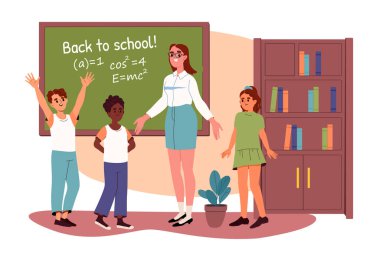 Sınıfı olan bir öğretmen. Sınıfın içinde kızları ve erkekleri olan genç bir kadın. Eğitim ve öğrenme, eğitim. Öğrencileri olan bir öğretmen. Çizgi film düz vektör çizimi beyaz arkaplanda izole edildi