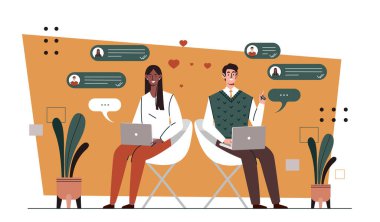 Mesaj konsepti. Dizüstü bilgisayarı olan kadın ve erkek sosyal ağlar ve habercilerle iletişim kuruyor. İnternetteki etkileşim. İnternette sohbet ve diyalog. Çizgi film düz vektör çizimi