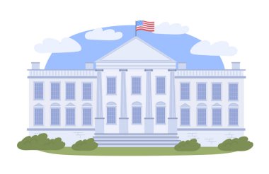 Belediye konsepti. Amerikan bayrağı taşıyan lüks beyaz bir bina. Şehir mimarisi. Politikacılar ve hükümet için bir yer. Çizgi film düz vektör çizimi beyaz arkaplanda izole edildi