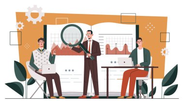 Takım eğitimi ofiste. Meslektaşlar ve ortaklar ortak bir projede çalışır ve işe başlarlar. Analistler pazarlama araştırması yürütüyor. Büyüteci ve istatistiği olan adamlar. Çizgi film düz vektör çizimi