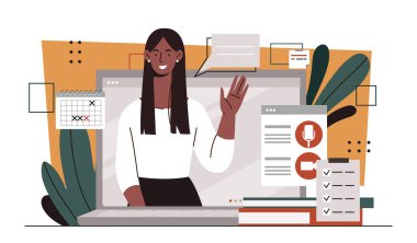 Video konferans konsepti olan kadın. Laptop ekranındaki mutlu genç kız. Mesafe çalışanı ve uzaktan çalışan. İnternetteki iletişim ve etkileşim. Çizgi film düz vektör çizimi