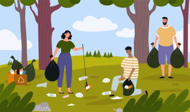Gönüllüler şehir parkı konseptini temizliyor. Çevreye ve ekolojiye önem ver. Kadın ve adam paspas ve tırmıkla plastik şişe ve kağıt topluyor ve topluyor. Çizgi film düz vektör çizimi
