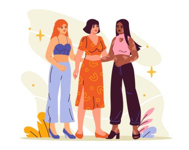 Kadınlar Günü posteri. Uluslararası tatil ve 8 Mart festivali. Feminizm ve eşitlik, hoşgörü ve kardeşlik. Güzel genç kızlar bir arada durur. Çizgi film düz vektör çizimi