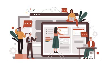 Çevrimiçi iletişim kavramı. Erkekler ve kadınlar ortak bir projede çalışıyorlar. Etkili çalışma süreci düzenleniyor. İstatistiklere başlayan işçiler ve çalışanlar. Çizgi film düz vektör çizimi