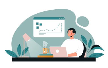 Adam internette çalışıyor. Serbest çalışan ve işyerinde uzaktan çalışan biri. Bilgisayarla online kazancı olan genç bir adam. Grafikleri ve diyagramları olan çalışkan bir çalışan. Çizgi film düz vektör çizimi