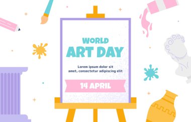 Dünya Sanat Günü posteri. Fırçalı ve resimli tuval. Yaratıcılık ve sanat. Uluslararası bayram ve festival 14 Nisan. Seramik vazo ve mermer sütun. Çizgi film düz vektör çizimi