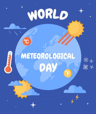 Dünya meteoroloji günü posteri. Uluslararası bayram ve festival 23 Mart. Hava tahmini. Web sitesi için grafik ögesi. Yağmurlu bulutların yanında güneş. Çizgi film düz vektör çizimi