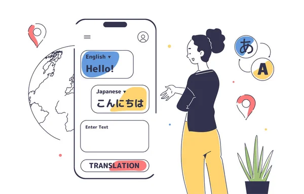 オンライン翻訳者の落書きコンセプト 通訳アプリを搭載したスマートフォン近くの女性 現代の技術とイノベーション インターネット上の国際通信 リニアフラットベクターイラスト — ストックベクタ