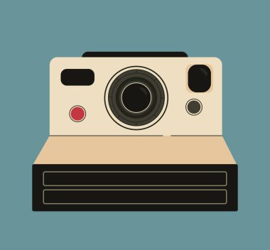 Hücre eski tarz kamera konsepti. Fotoğraf çekmek için geçmişe dönük ekipmanlar. Işıklı vintage element. 80 'lere ve 90' lara kadar. Şablon ve düzen. Çizgi film düz vektör çizimi mavi arkaplanda izole edildi
