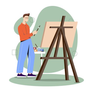 Tuval konseptine yakın sanatçı. Atölyede ya da stüdyoda. Yaratıcılık ve sanat. Elinde boya fırçası olan yetenekli bir genç. Karikatür izometrik vektör çizimi beyaz arkaplanda izole edildi