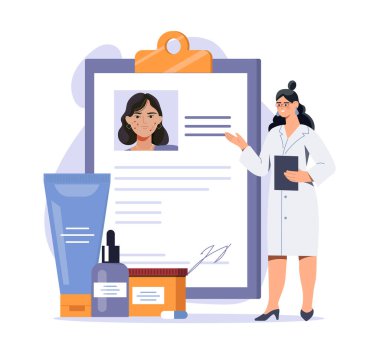 Not defteri olan bir dermatolog. Krem ve losyonlu bir kadın. Cilt ve yüz bakımı. Dermatoloji ürünleri paketlerde. Güzellik prosedürleri. Çizgi film düz vektör çizimi