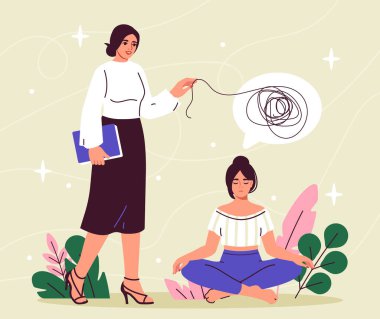 Duyguları yöneten konsept. Lotus pozisyonundaki bir kızın yanındaki iş kadını. İç sakinlik ve denge. Meditasyon, yoga, konsantrasyon. Çizgi film düz vektör çizimi bej arkaplanda izole edildi