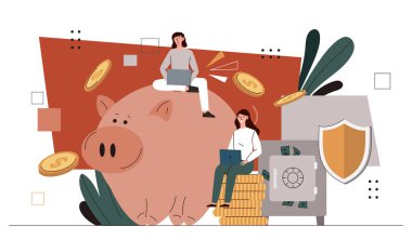 Finansal koruma kavramı. Kumbaranın yanında altın paraları olan iki kadın. Finansal bilgisi olan yatırımcılar ve tüccarlar. Bütçe ve muhasebe. Çizgi film düz vektör çizimi