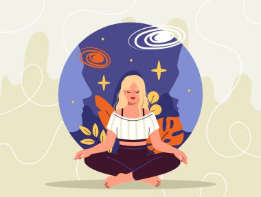 İç dünya konsepti. Lotus pozisyonunda oturan kadın. Meditasyon ve konsantrasyon. Kafasında uzay ve evren olan genç bir kız. Akıl sağlığı ve maneviyat. Çizgi film düz vektör çizimi