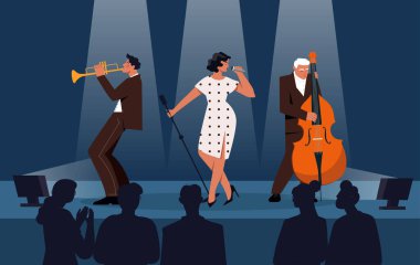 Olay yerinde caz grubu var. Mikrofonlu kadın ve saksafonlu ve bas gitarlı erkekler. Yetenekli müzisyenler ve sanatçılar sahne alıyor. Müzik grubundan performans. Çizgi film düz vektör çizimi